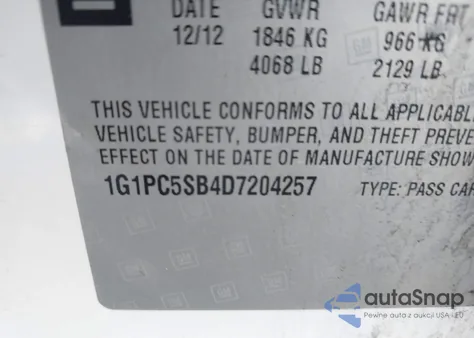 2013 Chevrolet Cruze 1Lt Auto из США, поврежденный, VIN 1G1PC5SB4D7204257